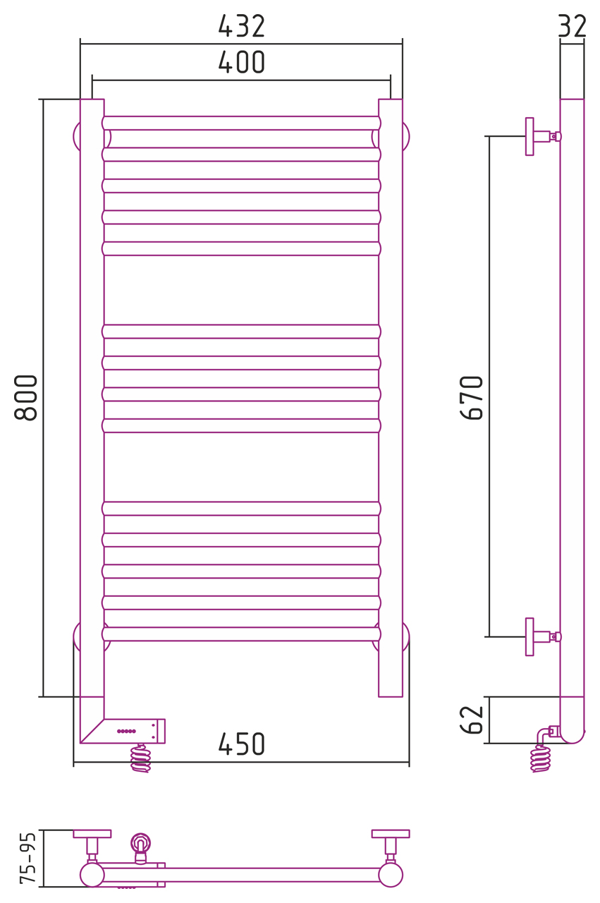 Чертеж Полотенцесушитель электрический Сунержа Богема 2.0 прямая 800х400 МЭМ левый 071-5204-8040 сатин