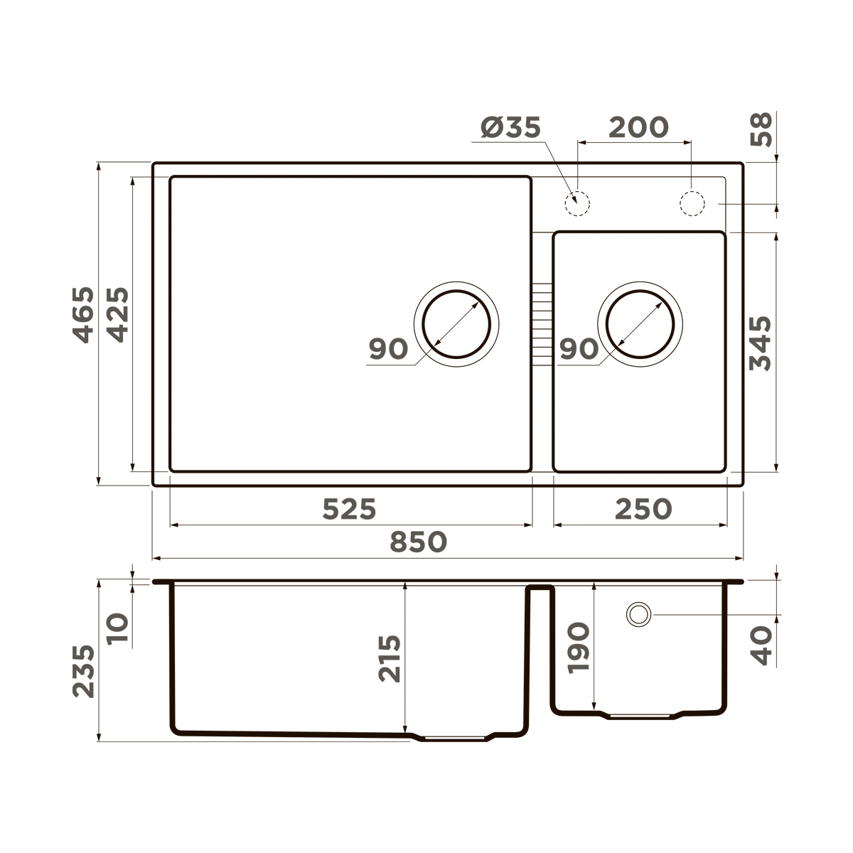 Чертеж Кухонная мойка Omoikiri Tedori 85-2-U-WH Tetogranit/белый 4993943