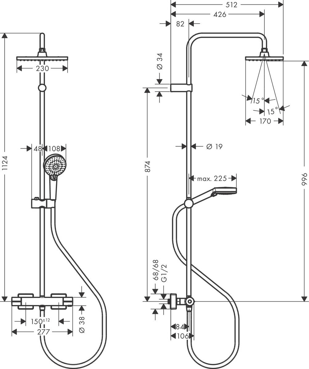 Чертеж Душевая система c термостатом hansgrohe Vernis Shape Showerpipe 230 1jet 26286000, хром