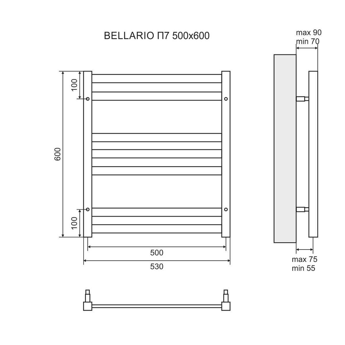 Чертеж Полотенцесушитель электрический Lemark Bellario LM68607E П7 500x600, левый/правый