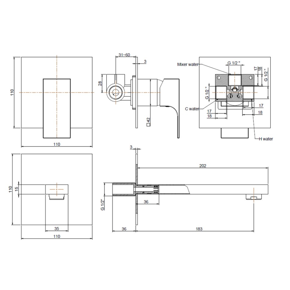Чертеж Смеситель для раковины Paini Grazia 21CR208