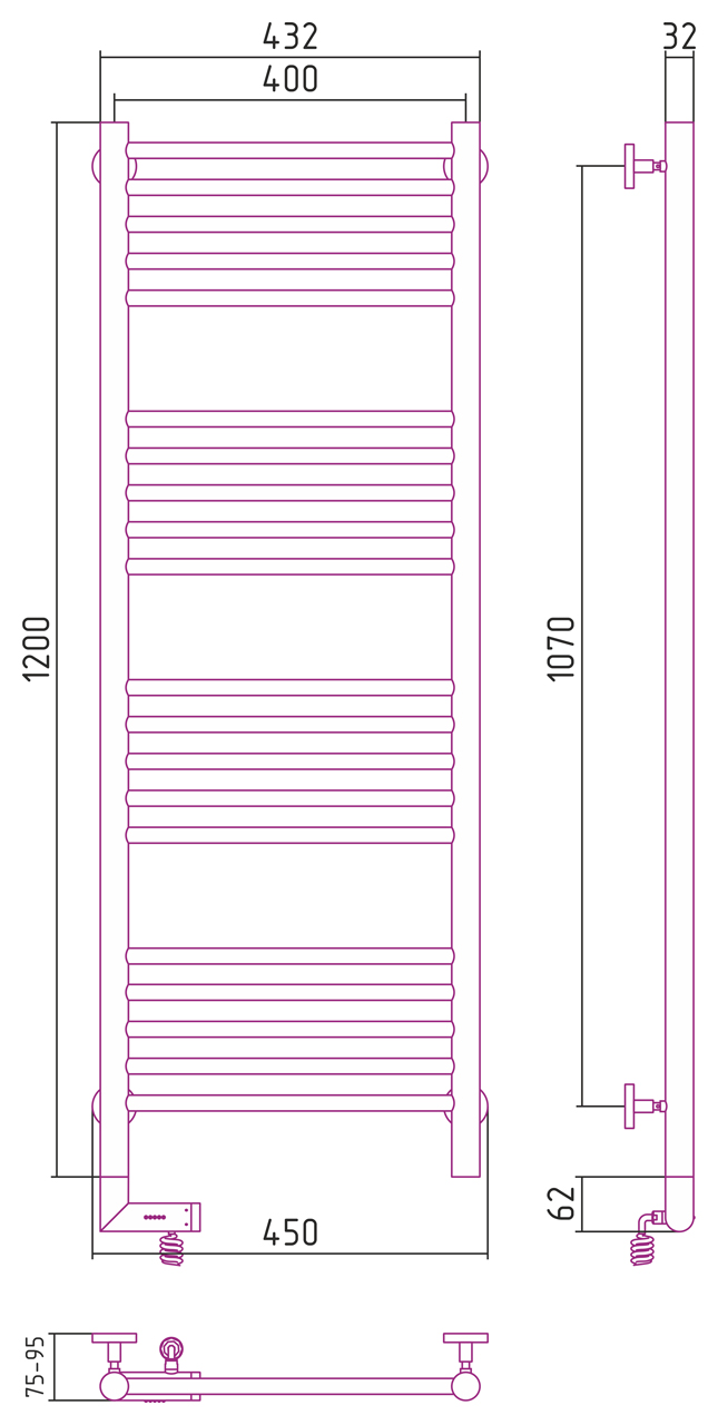 Чертеж Полотенцесушитель электрический Сунержа Богема 2.0 прямая 1200х400 МЭМ левый 30-5204-1240 матовый белый