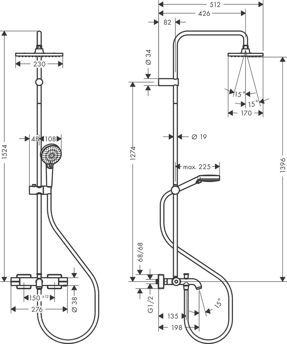 Чертеж Душевая система c термостатом hansgrohe Vernis Shape Showerpipe 230 1jet 26284000, хром