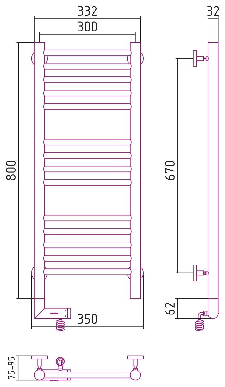 Чертеж Полотенцесушитель электрический Сунержа Богема 2.0 прямая 800х300 МЭМ левый 31-5204-8030 матовый черный