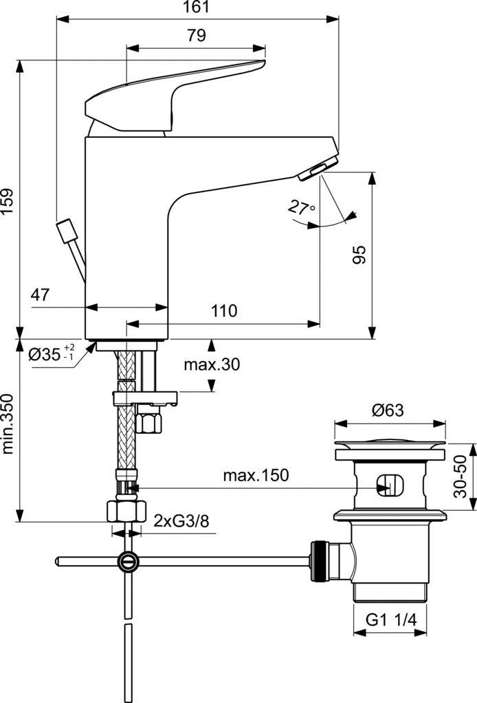 Чертеж Смеситель для раковины Ideal Standard Ceraflex B1712AA