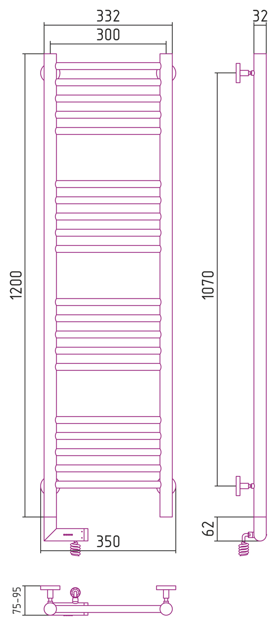Чертеж Полотенцесушитель электрический Сунержа Богема 2.0 прямая 1200х300 МЭМ левый 071-5204-1230 сатин
