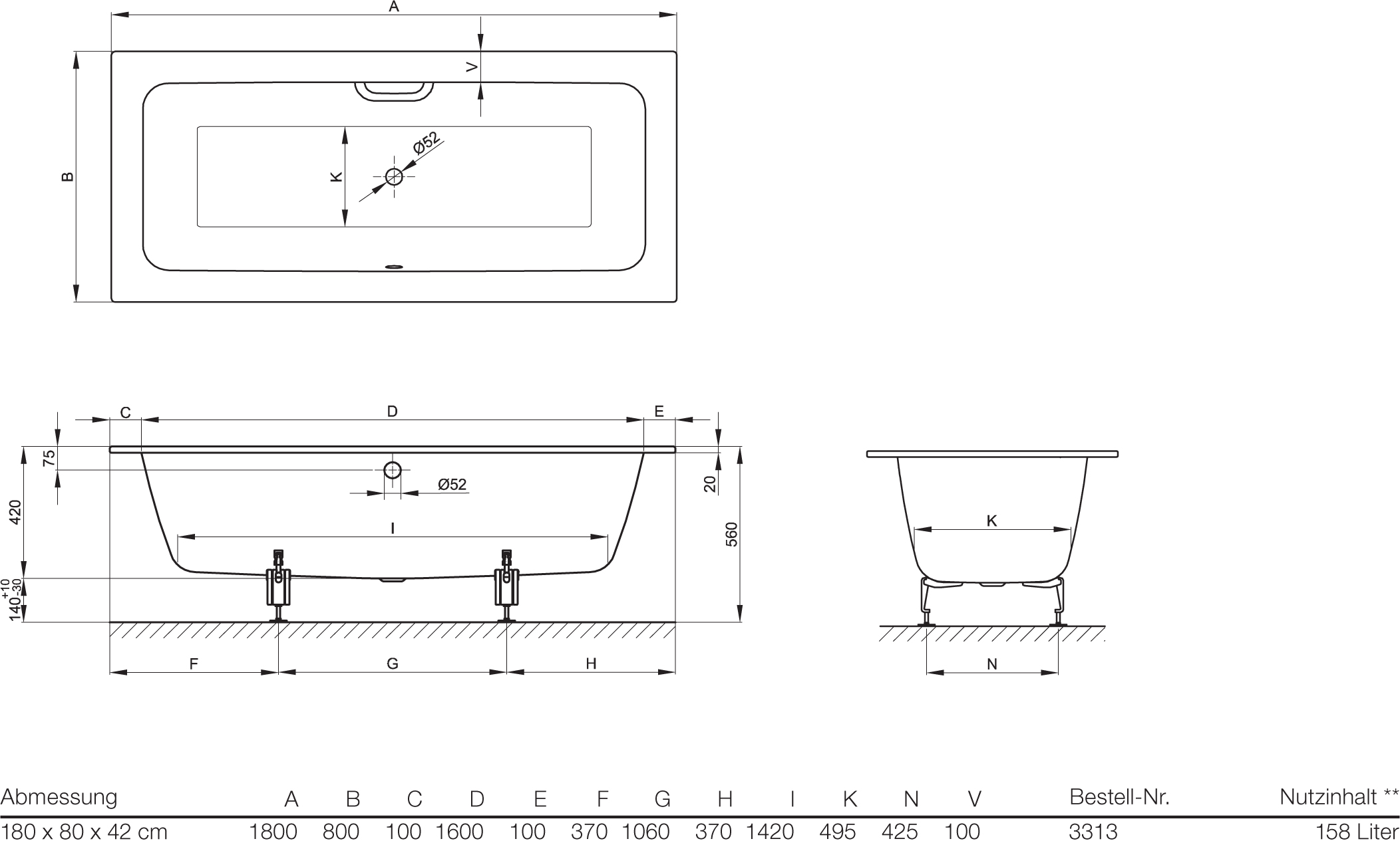 Чертеж Стальная ванна Bette One 180x80 3313-000+PLUS