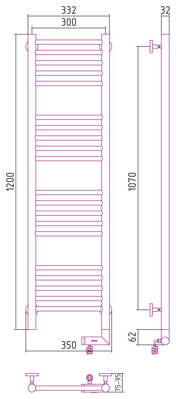 Чертеж Полотенцесушитель электрический Сунержа Богема 2.0 прямая 1200х300 МЭМ правый 12-5205-1230 белый (ral-9003)