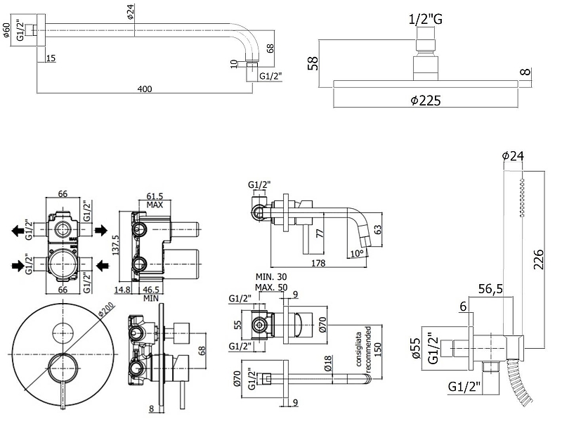 Чертеж Комплект смесителей Paffoni Light KITLIG018NO006, черный матовый