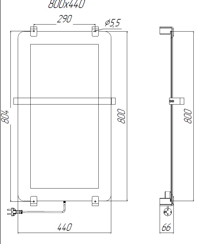 Чертеж Полотенцесушитель электрический Allen Brau Infinity 80x44 с рейлингом и креплением