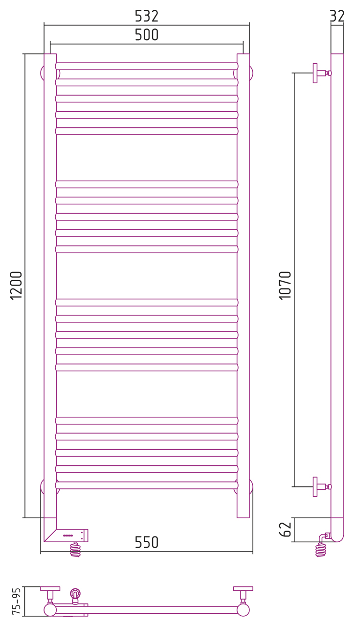 Чертеж Полотенцесушитель электрический Сунержа Богема 2.0 прямая 1200х500 МЭМ левый 12-5204-1250 белый (ral-9003)